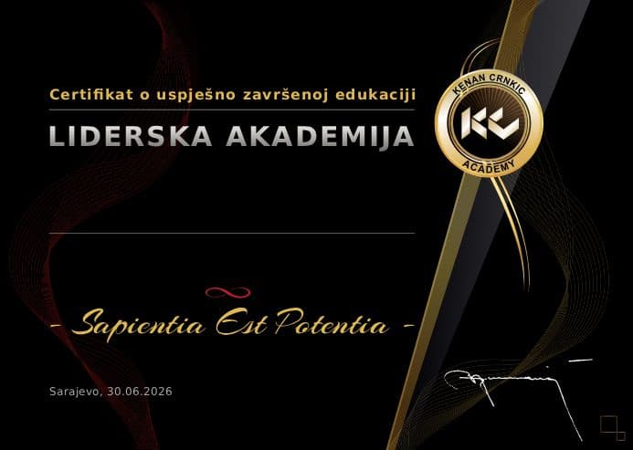 Certifikat o uspješno završenoj edukaciji — Liderska akademija, Kenan Crnkić Academy